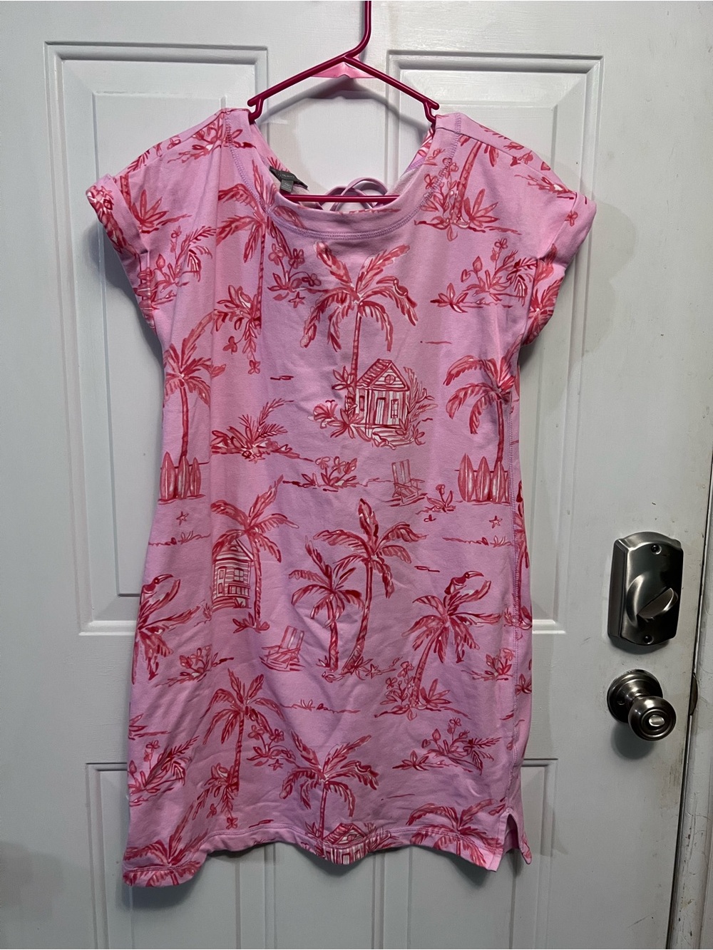 Talbots Petite MP Pink Tropical Palm Beach Print Dress Lace Up Back Cotton